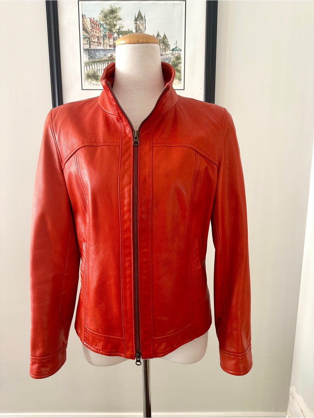 Vintage DANIER Women's Red Orange Italian Leather Zip-Front Moto Jacket -Size S - Picture 3 of 16